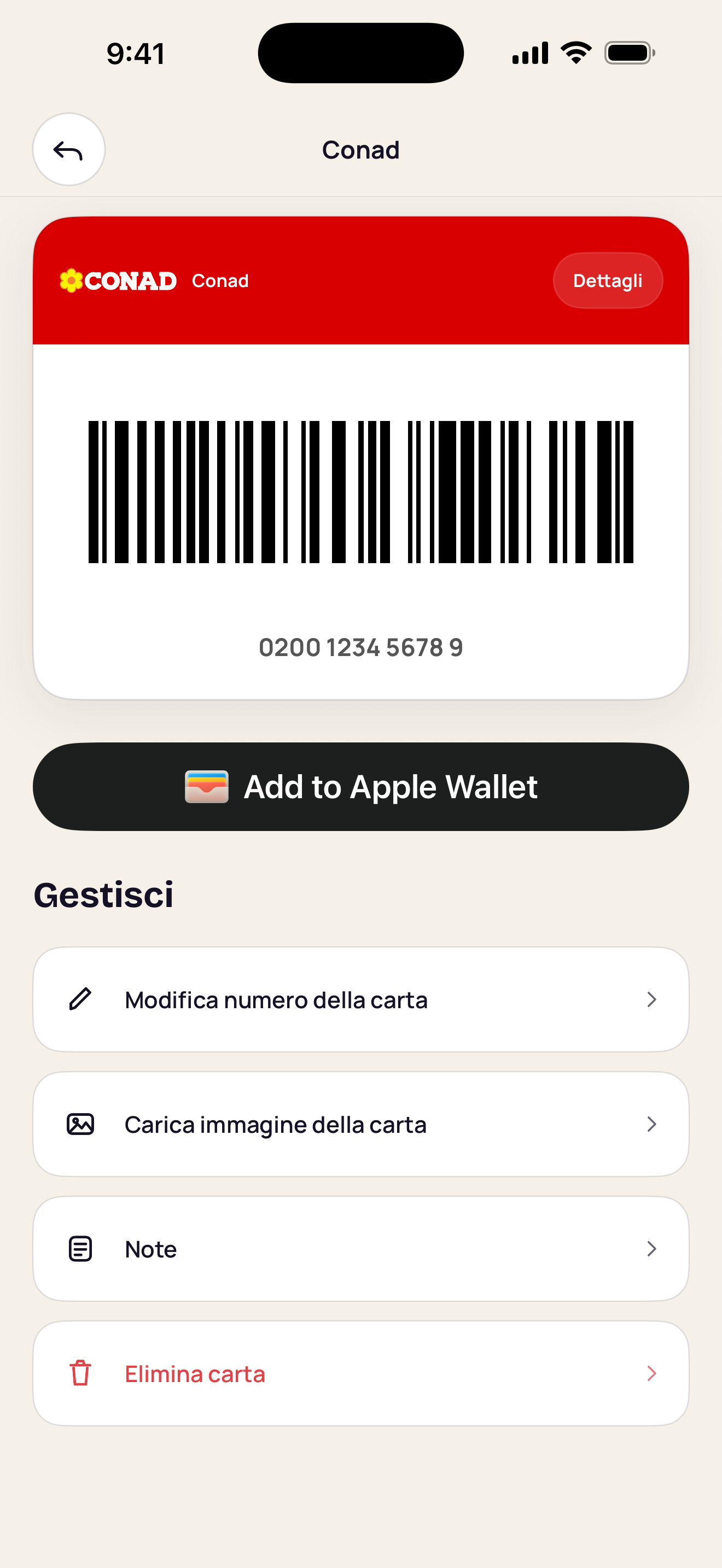Schermata dettaglio carta Conad con il pulsante per aggiungerla ad Apple Wallet