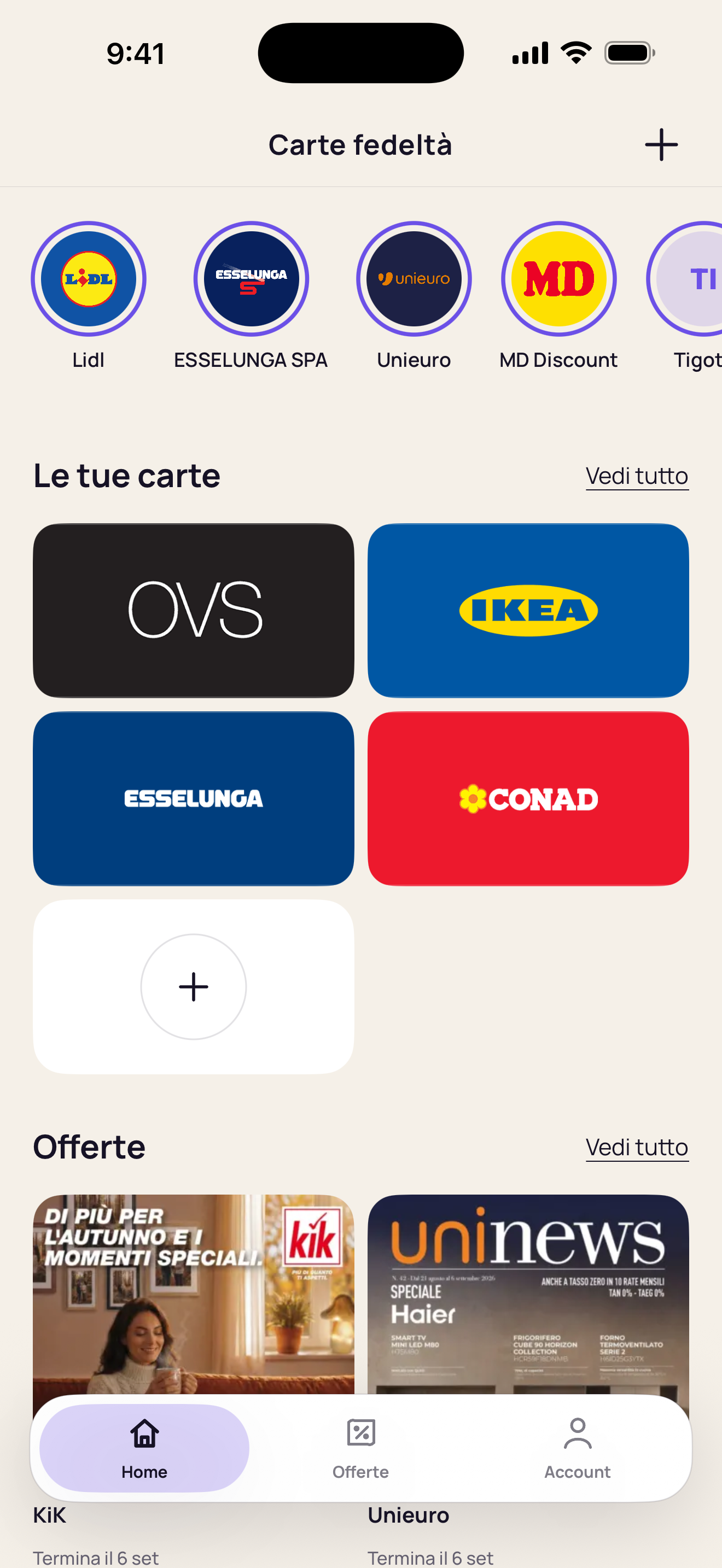 Schermata Home di Fedelta con le carte fedeltà e le offerte