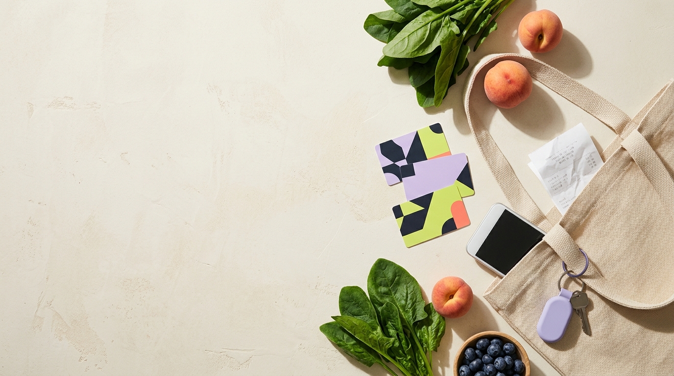 Borsa della spesa, frutta, carte colorate e un portachiavi lavanda su un tavolo chiaro
